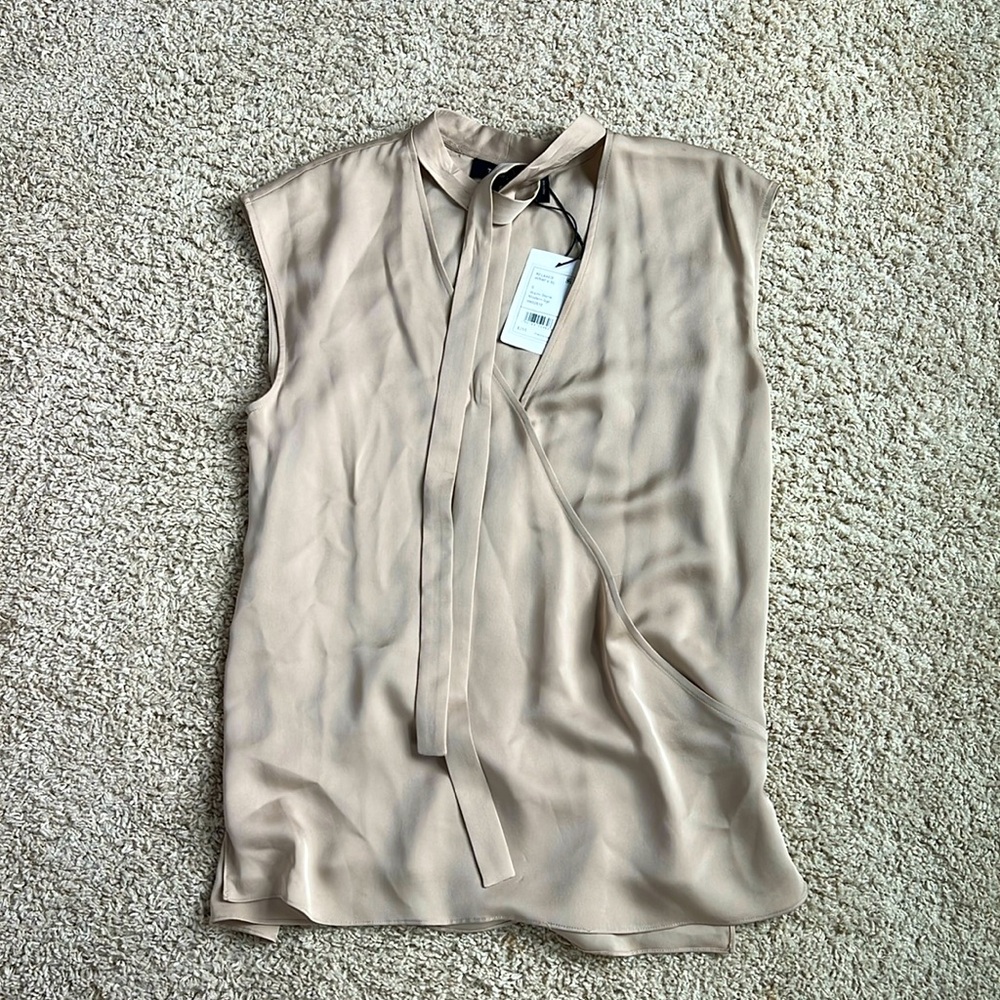 Theory Relaxed Wrap Blouse, 100% Silk, M, light taupe color